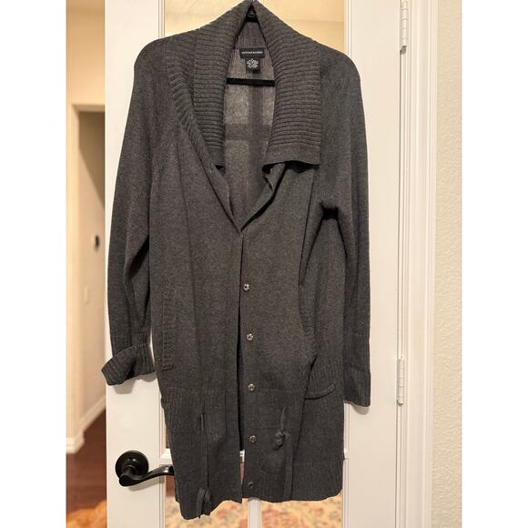 Silk Cashmere Long Cardigan Coatigan Gray XL | Shawl Collar Snap Front Pockets - Picture 2 of 10